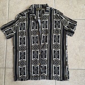 Vintage Black and White Patterned Men's Shirt Level Ten Couture S Rayon Black an